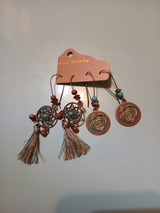 Jewelry - Boho Copper & Turquoise Dreamcatcher and Rose Drop Earrings - Set of 2